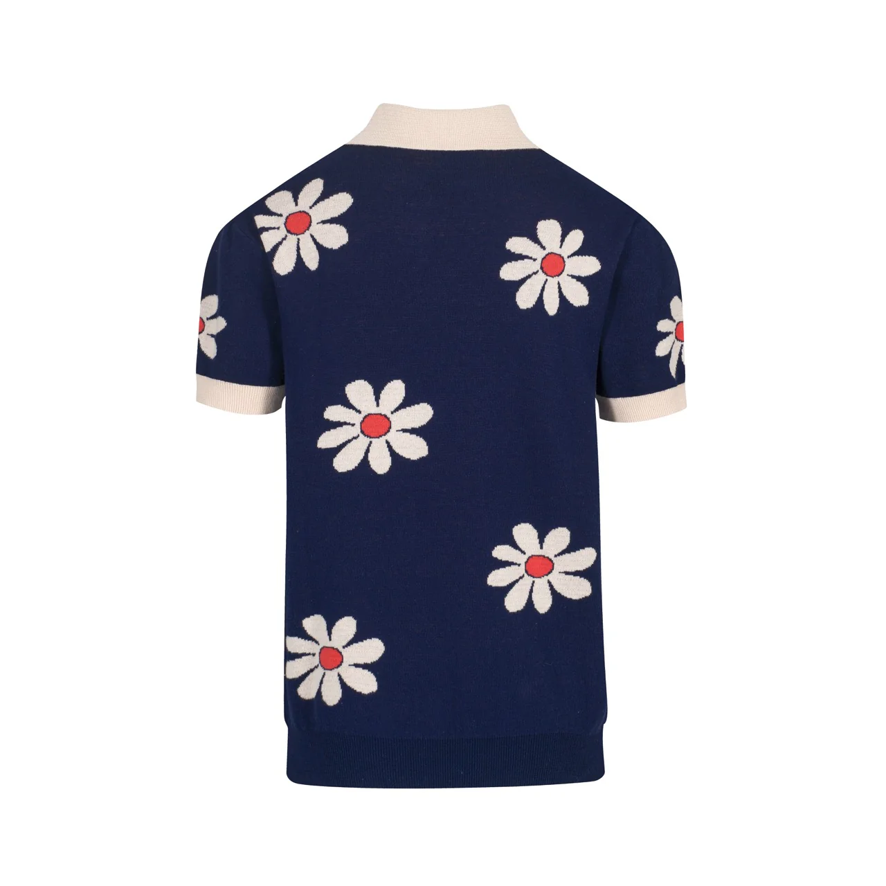 Men’s Retro 1970s Flower Knit Polo Shirt – Vintage Navy with Daisy Pattern - Image 3