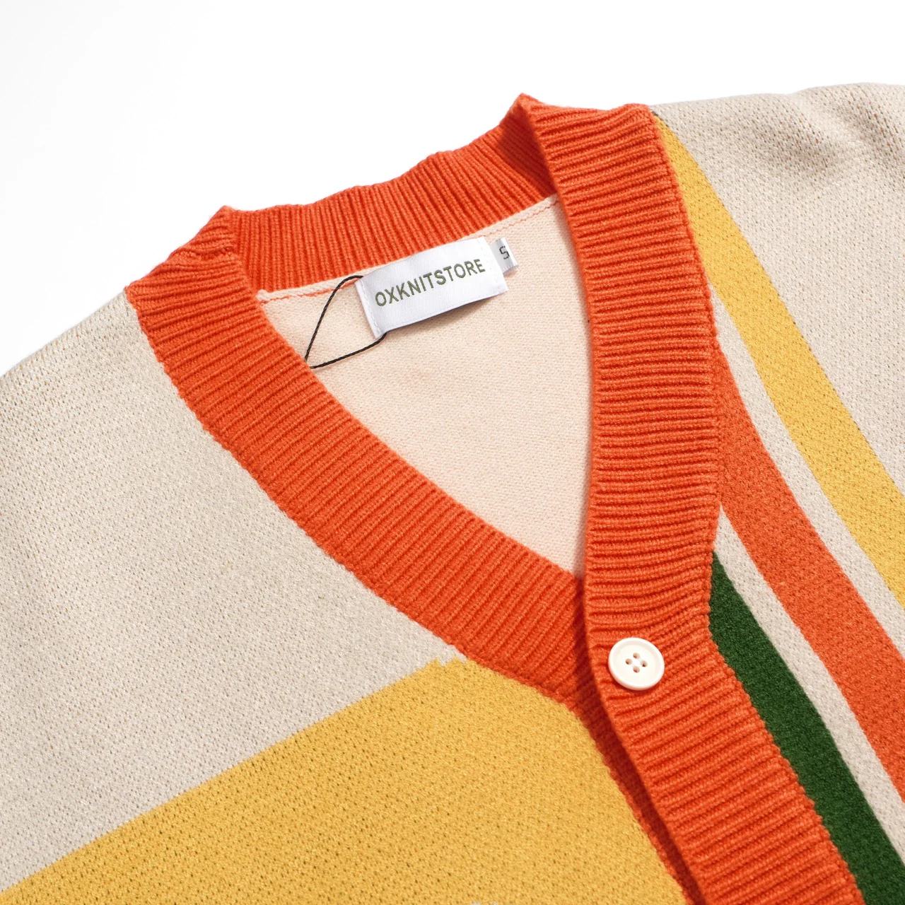 Men’s Retro 1970s Knit Cardigan – Vintage Cream with Multicolor Geometric Print - Image 3