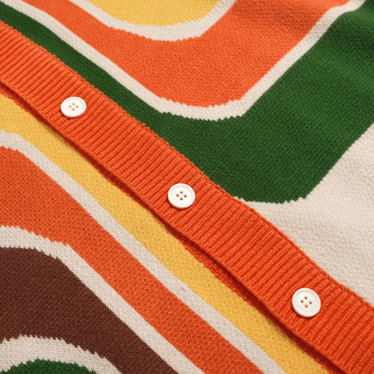 Men’s Retro 1970s Knit Cardigan – Vintage Cream with Multicolor Geometric Print - Image 4