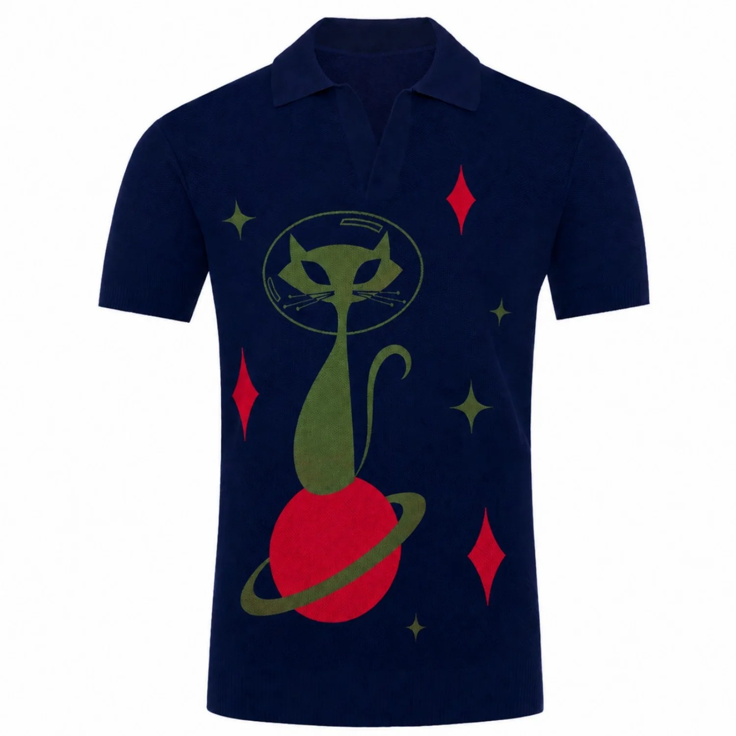 Men's Dark Blue 60s Space Age Style Knitted Polo Shirt - Designed by Tala Hunt