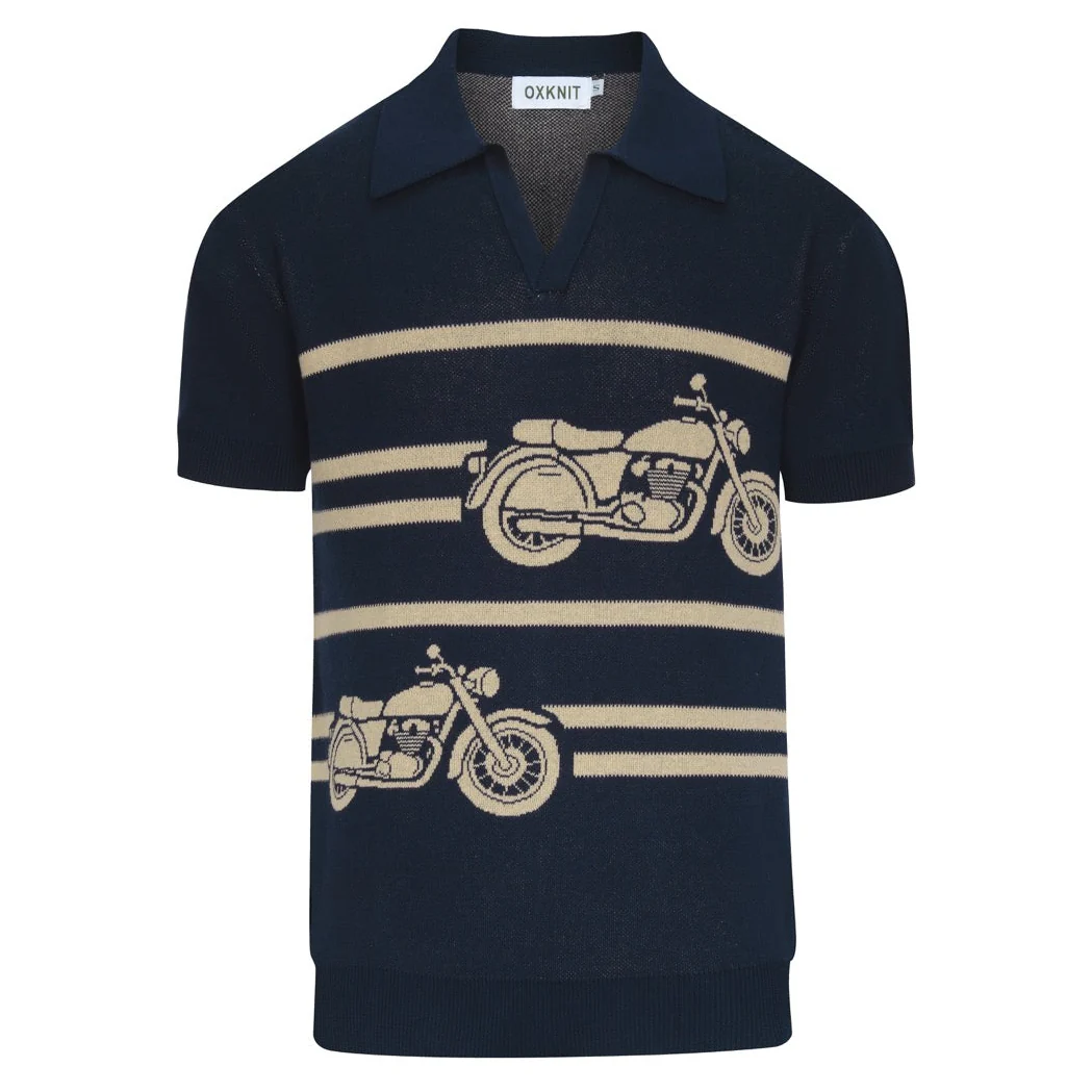 Men's Dark Blue Retro Cool Motorcycle Jacquard Polo Knit Sweater
