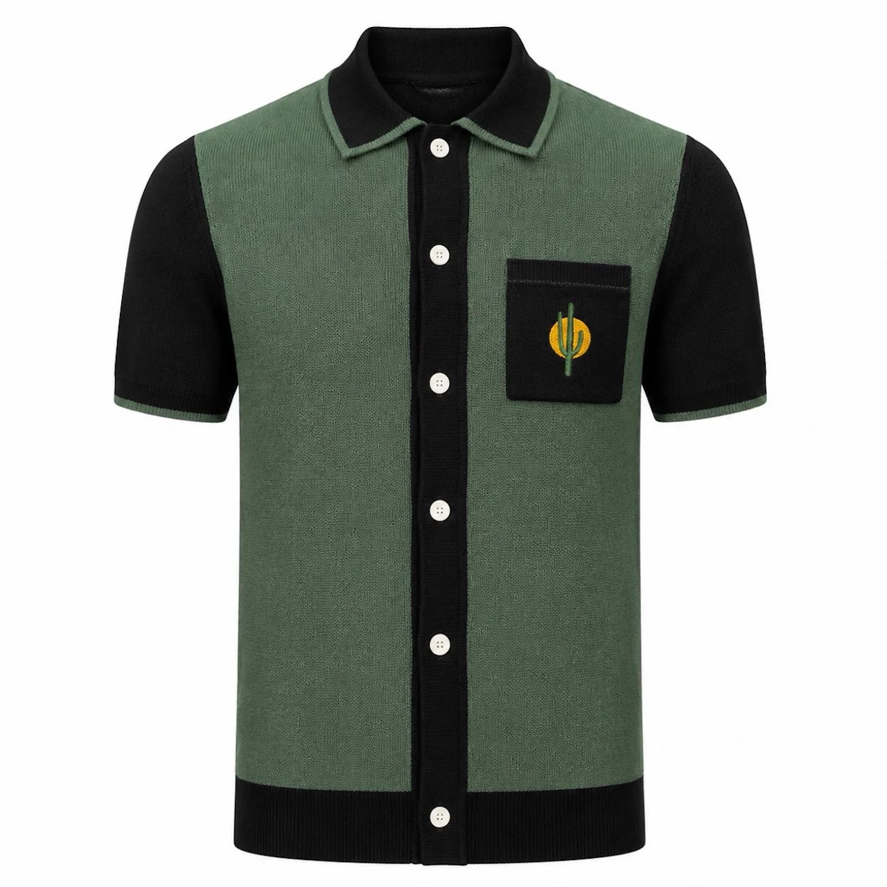 Men's Green Desert Retro Cactus Embroidered Knit Polo Cardigan