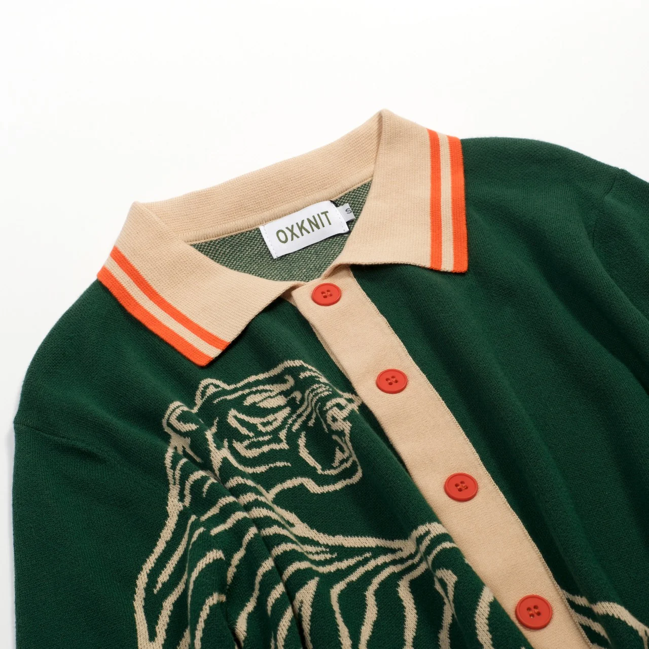 Men's Green Retro Luxury Style Tiger Jacquard Knit Cardigan - Image 8