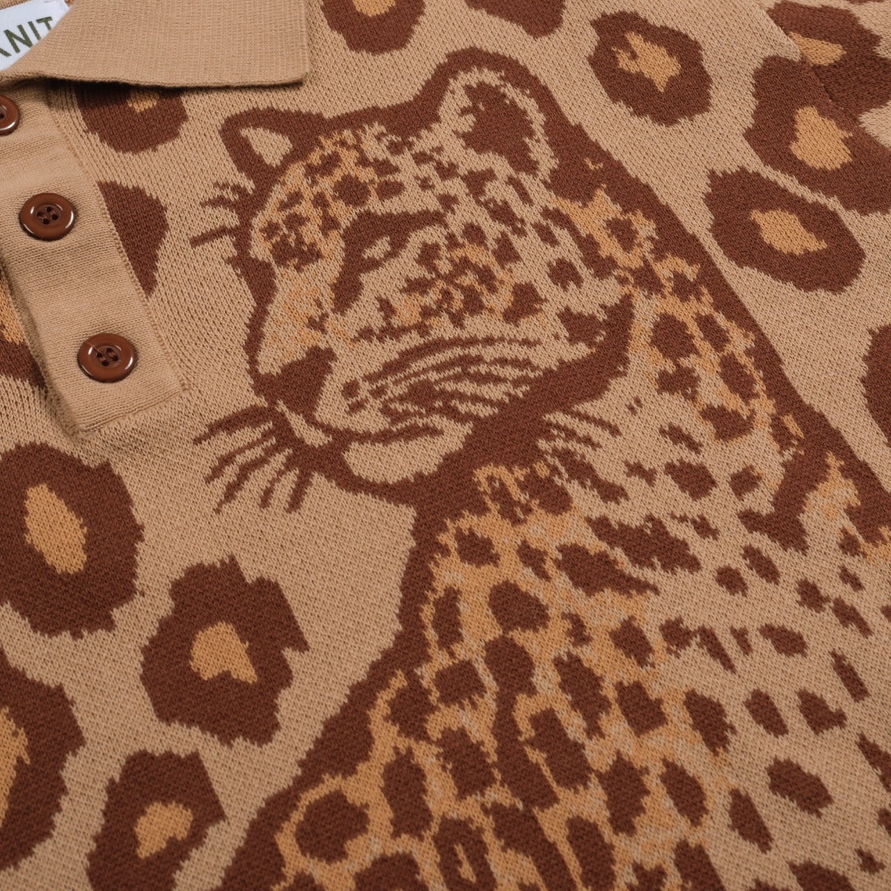 Men's khaki leopard print tiger jacquard knitted polo shirt - Image 2
