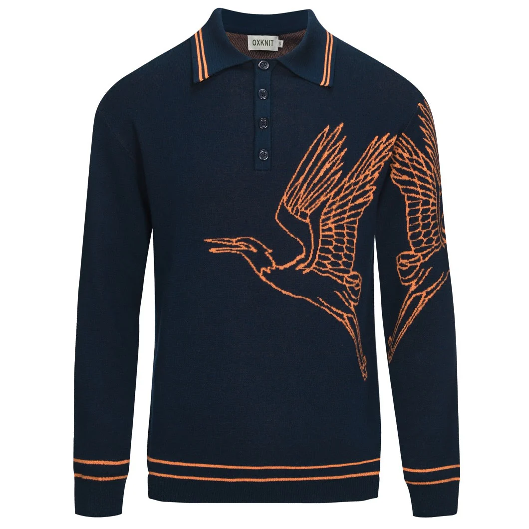 Men's navy Flying Crane art jacquard knitted polo shirt
