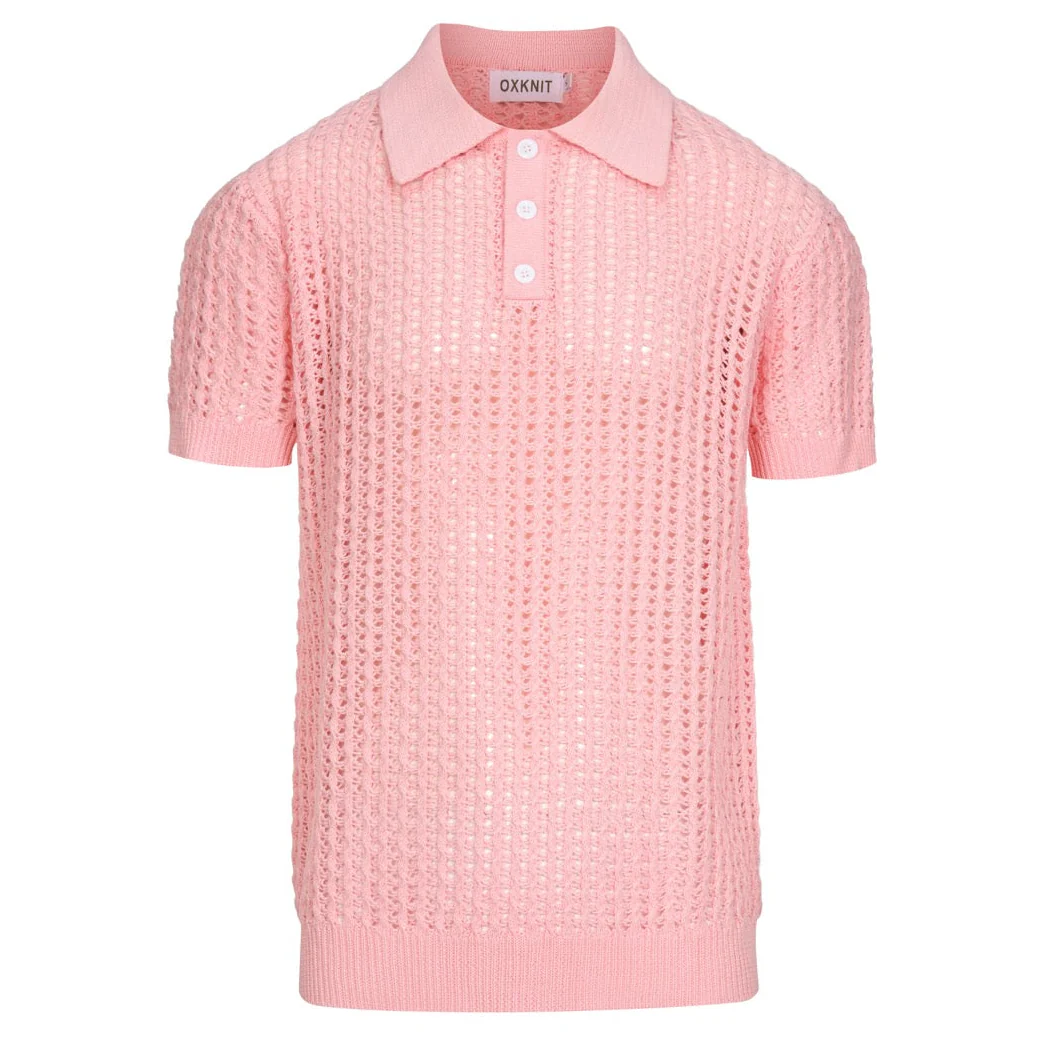Men's Pink Retro Cable Knit Twisted Hollow-Out Knit Polo Shirt