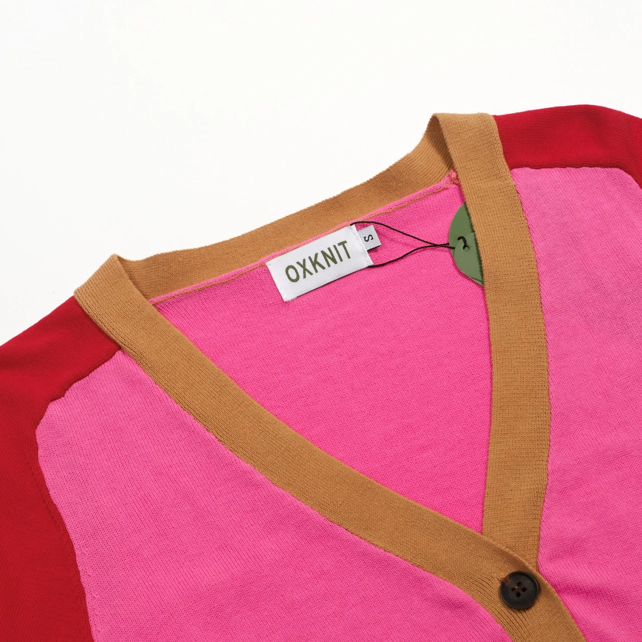 Women’s Colorblock Knit Cardigan – Pink, Red & Camel Retro Button-Up-Cropped Length - Image 4