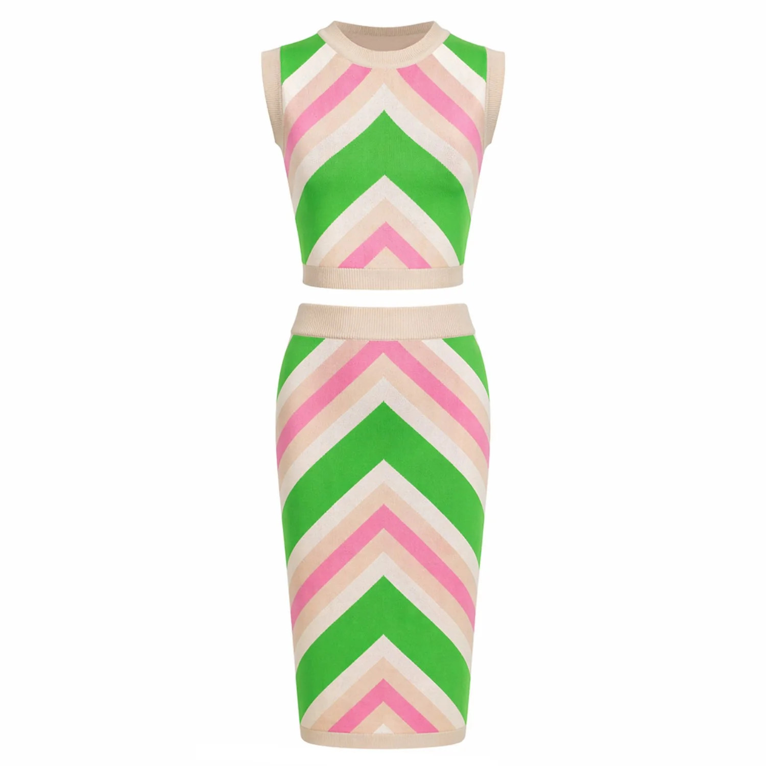 Women's 70s Color-Block Diagonal Stripe Knit Tank Dress Set