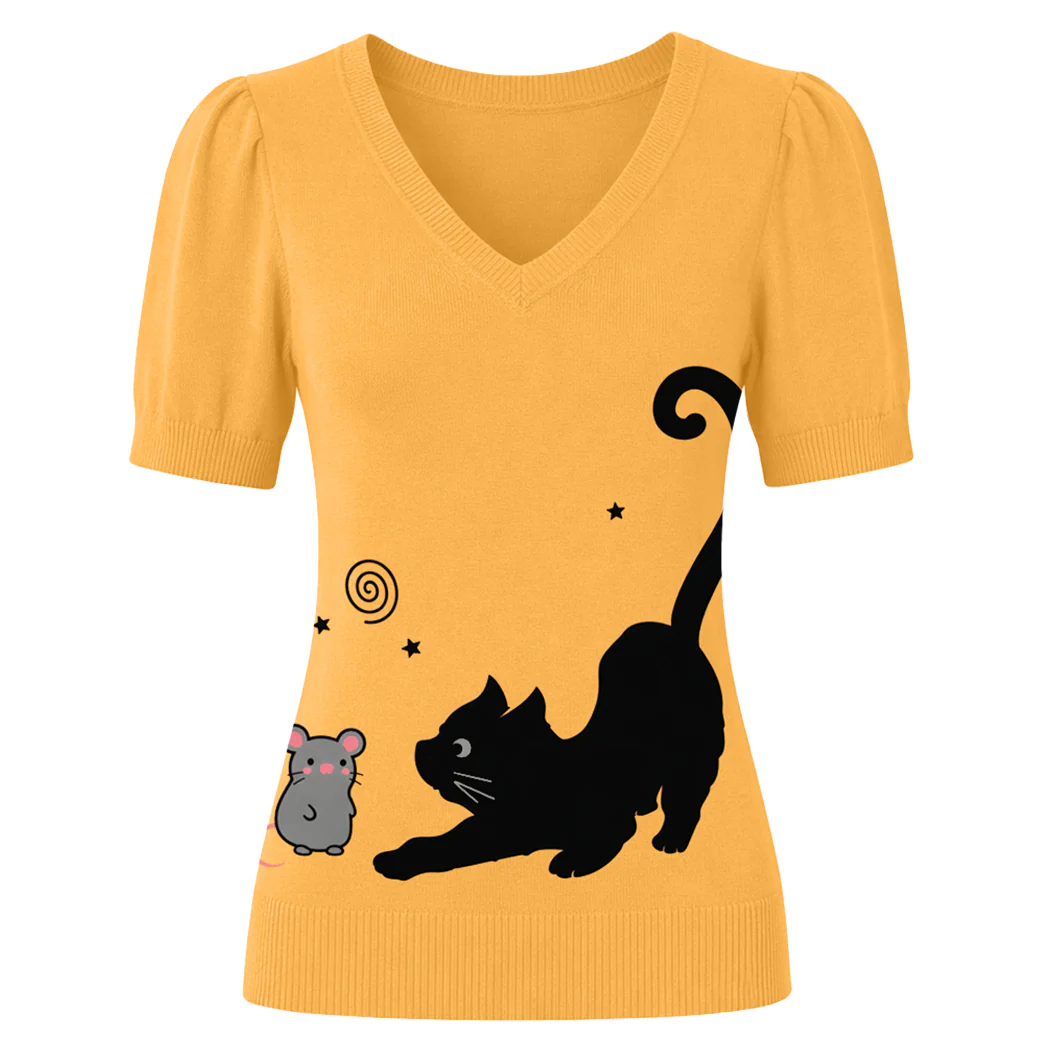 Women's 70s Yellow Fun Cat V-Neck Knit T-Shirt