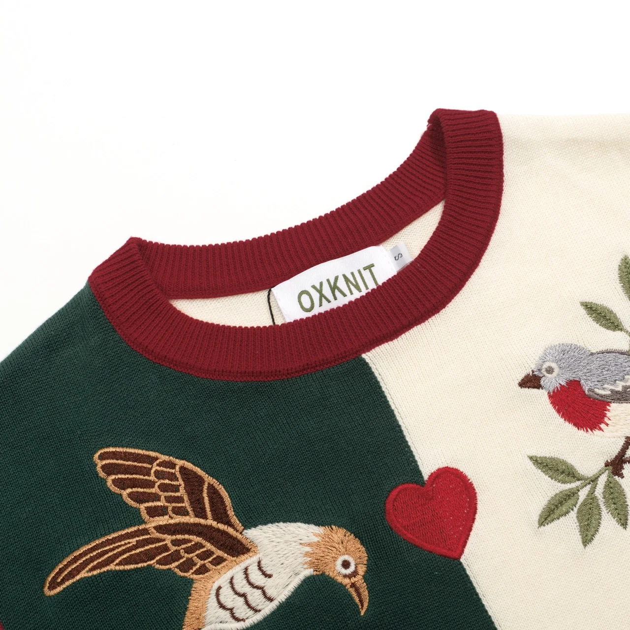 Women's Apricot Retro Patchwork Bird Embroidery Design Knitted T-shirt - Image 4