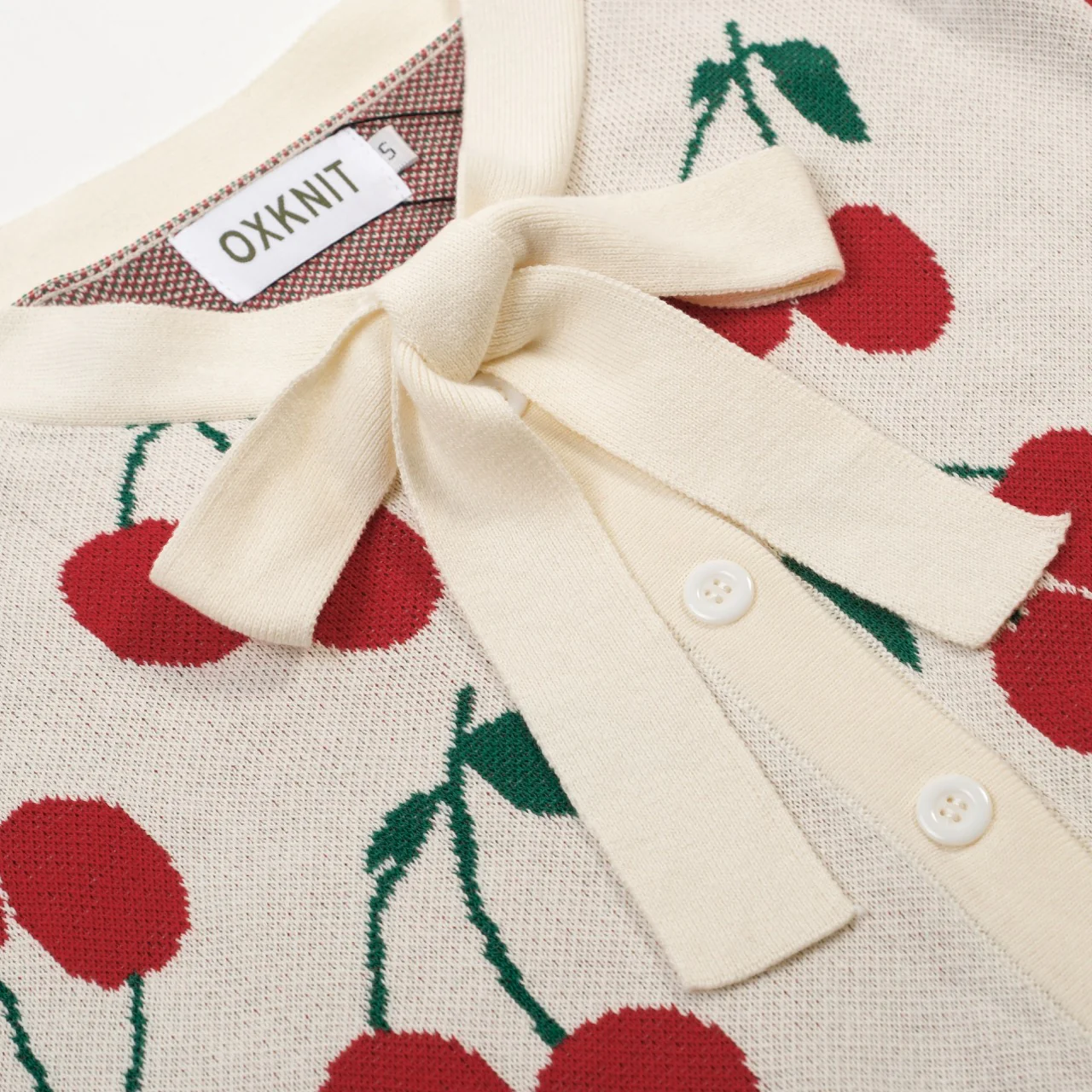 Women's apricot white cherry knitted cardigan - Cropped Length - Image 4