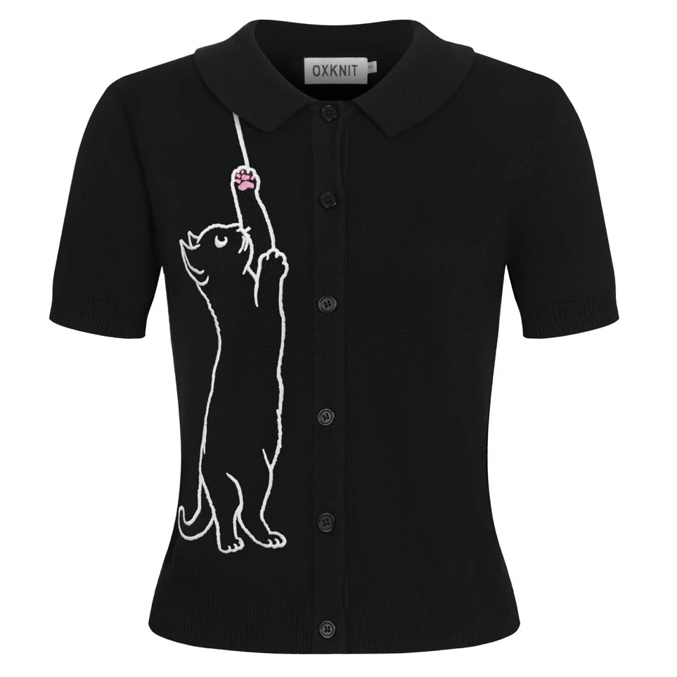 Women's black kitten embroidered knit cardigan - Cropped Length