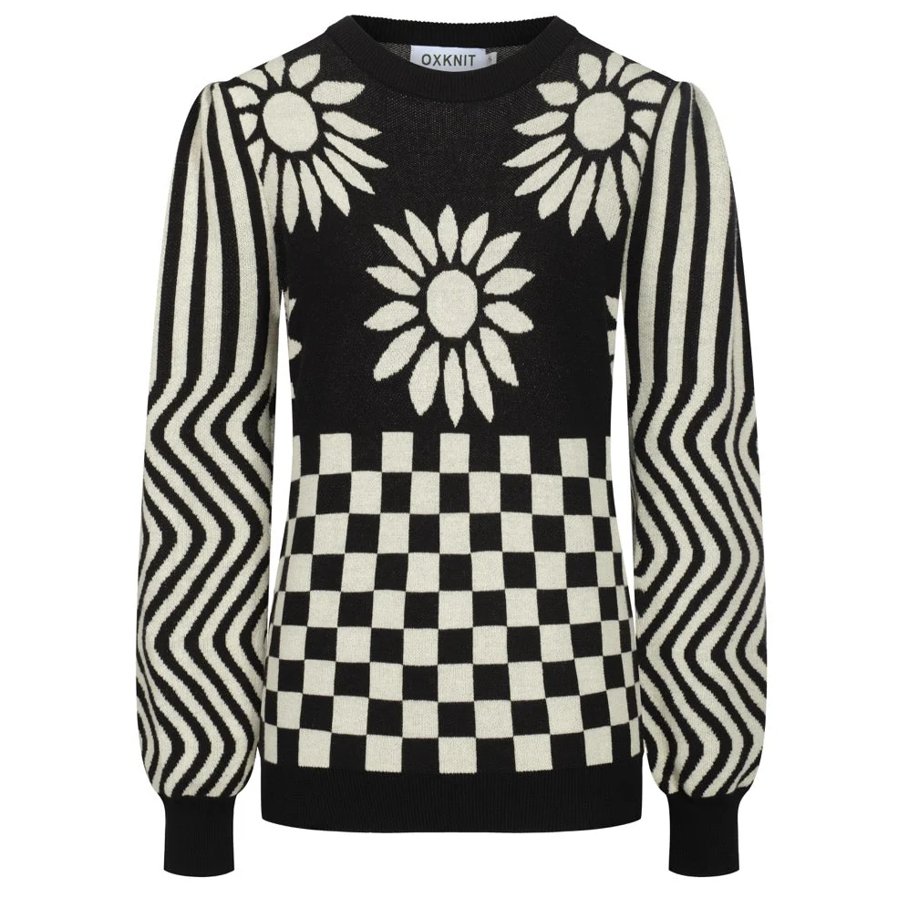 Women's black sunflower jacquard puffed sleeve knitwear