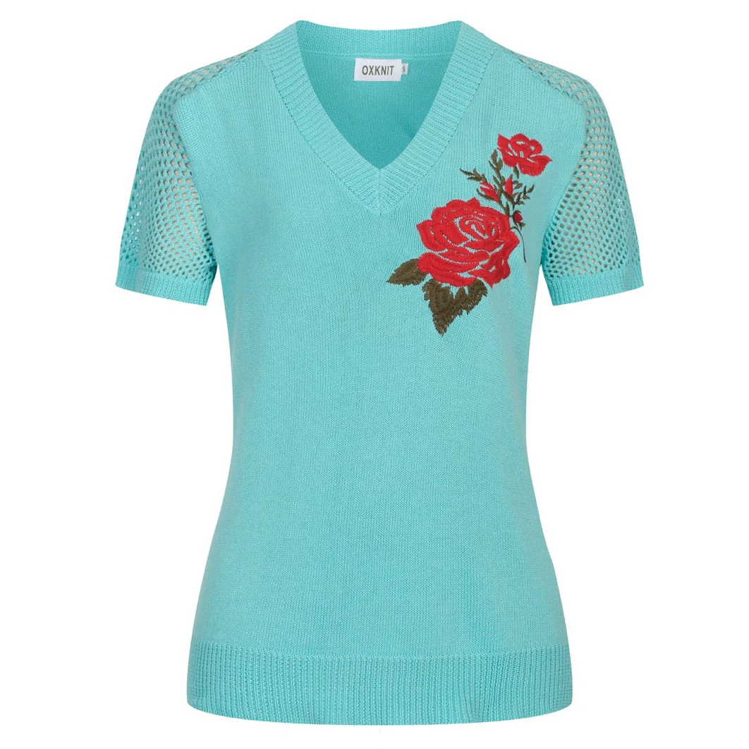 Women's mint green 1960s rose embroidered V-neck knit T-shirt