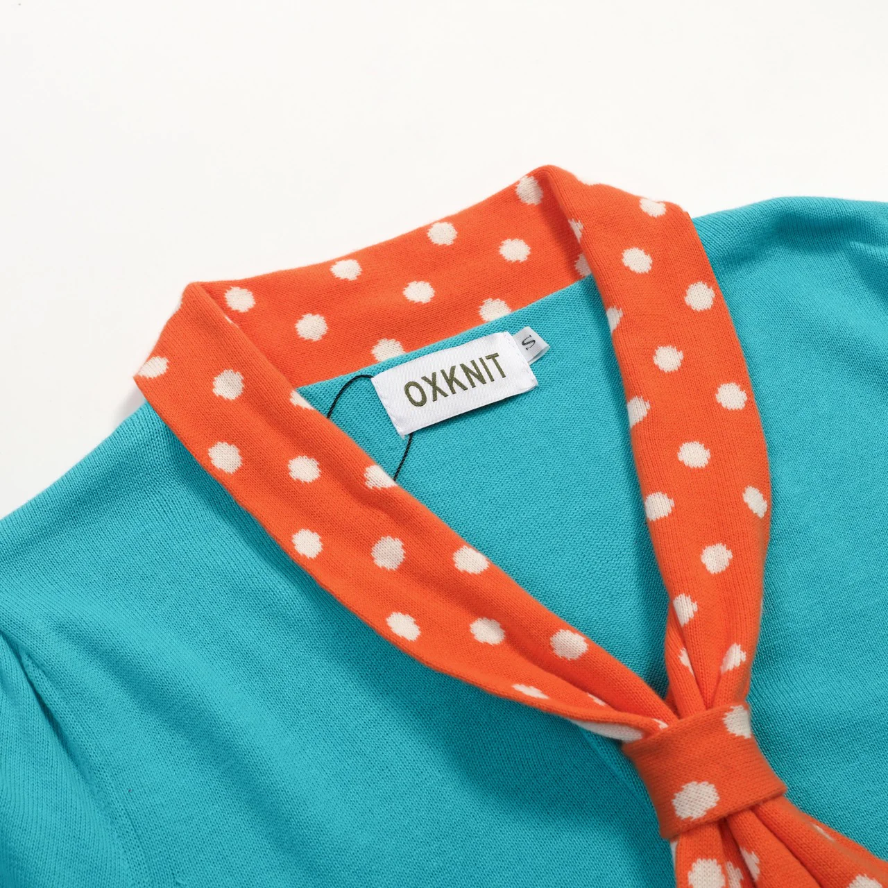 Women's Blue-Green Retro Polka Dot Bow Tie Knit T-Shirt - Image 4