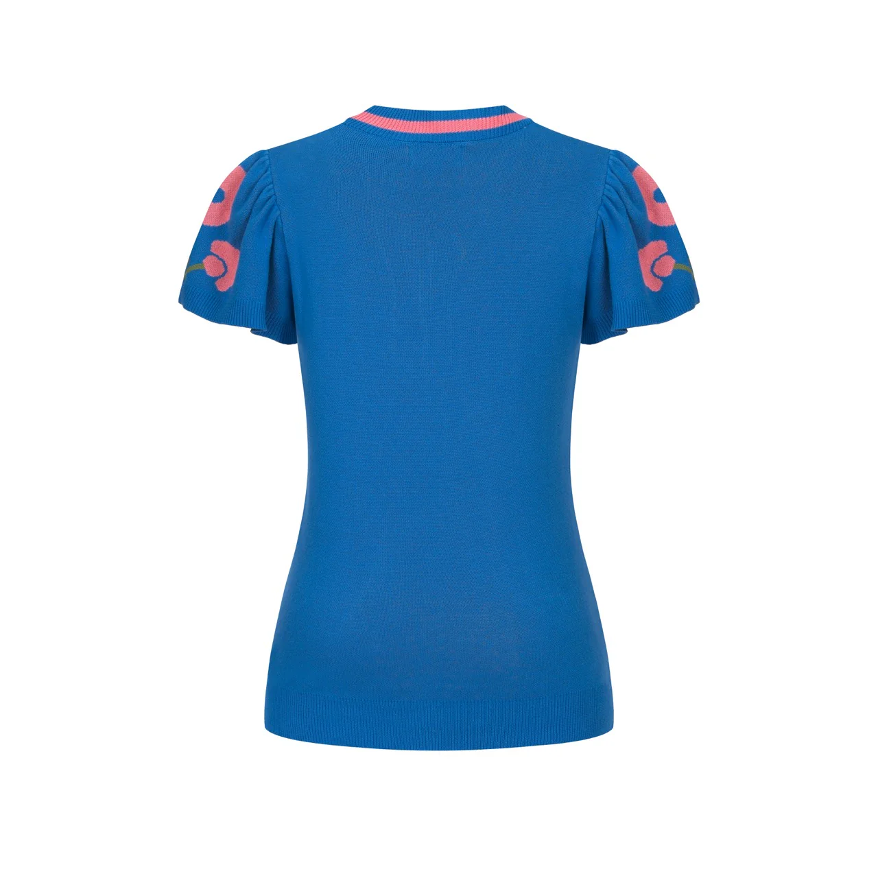 Women's Blue Retro Ruffle Sleeve Pop Floral Jacquard Knit T-Shirt - Image 3