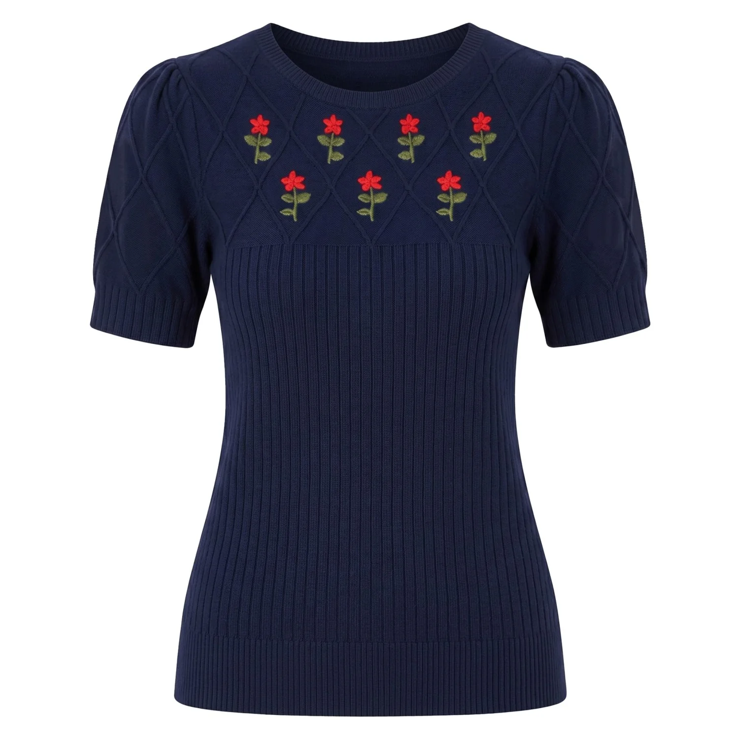 Women's Dark Blue Retro Floral Embroidered Knit T-Shirt