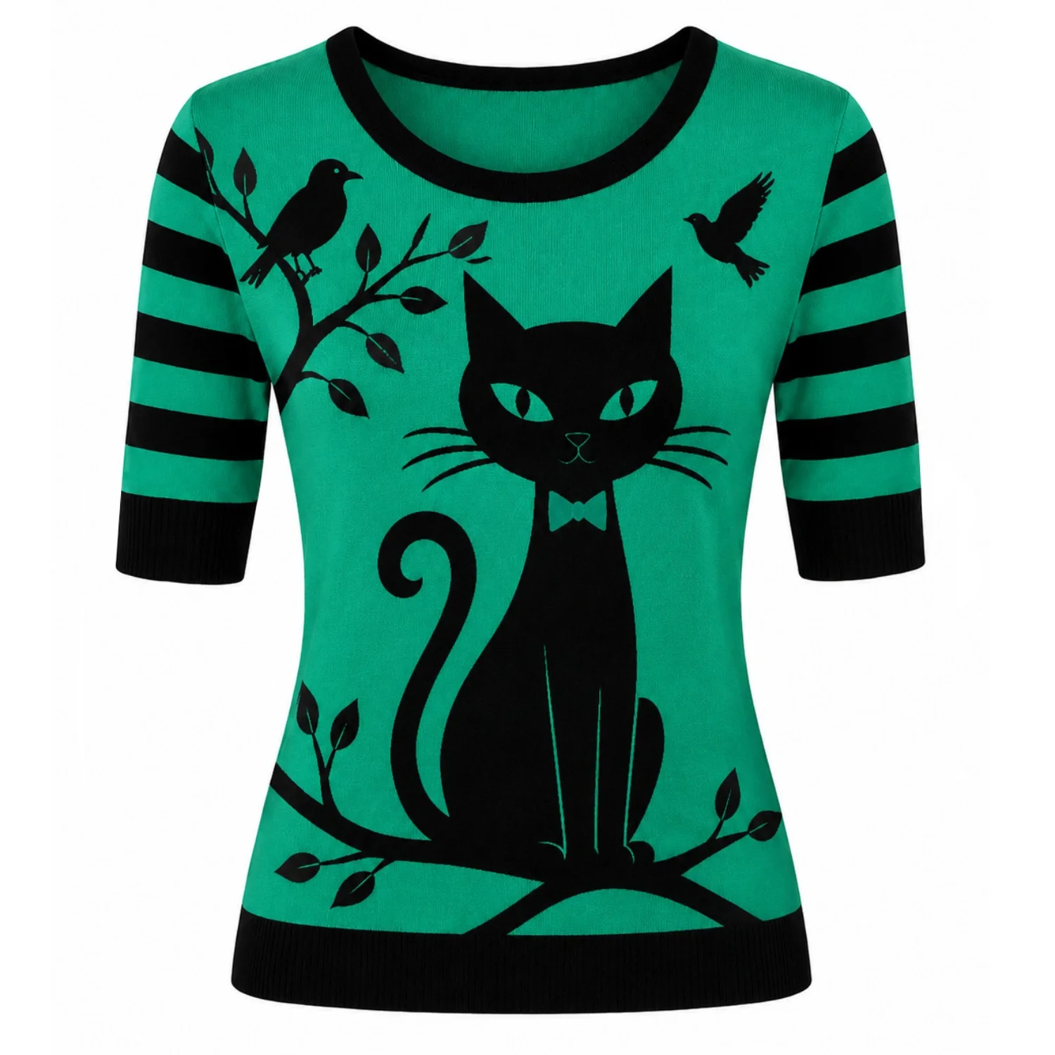Women's Green Playful Cat Knit Half-Sleeve T-shirt