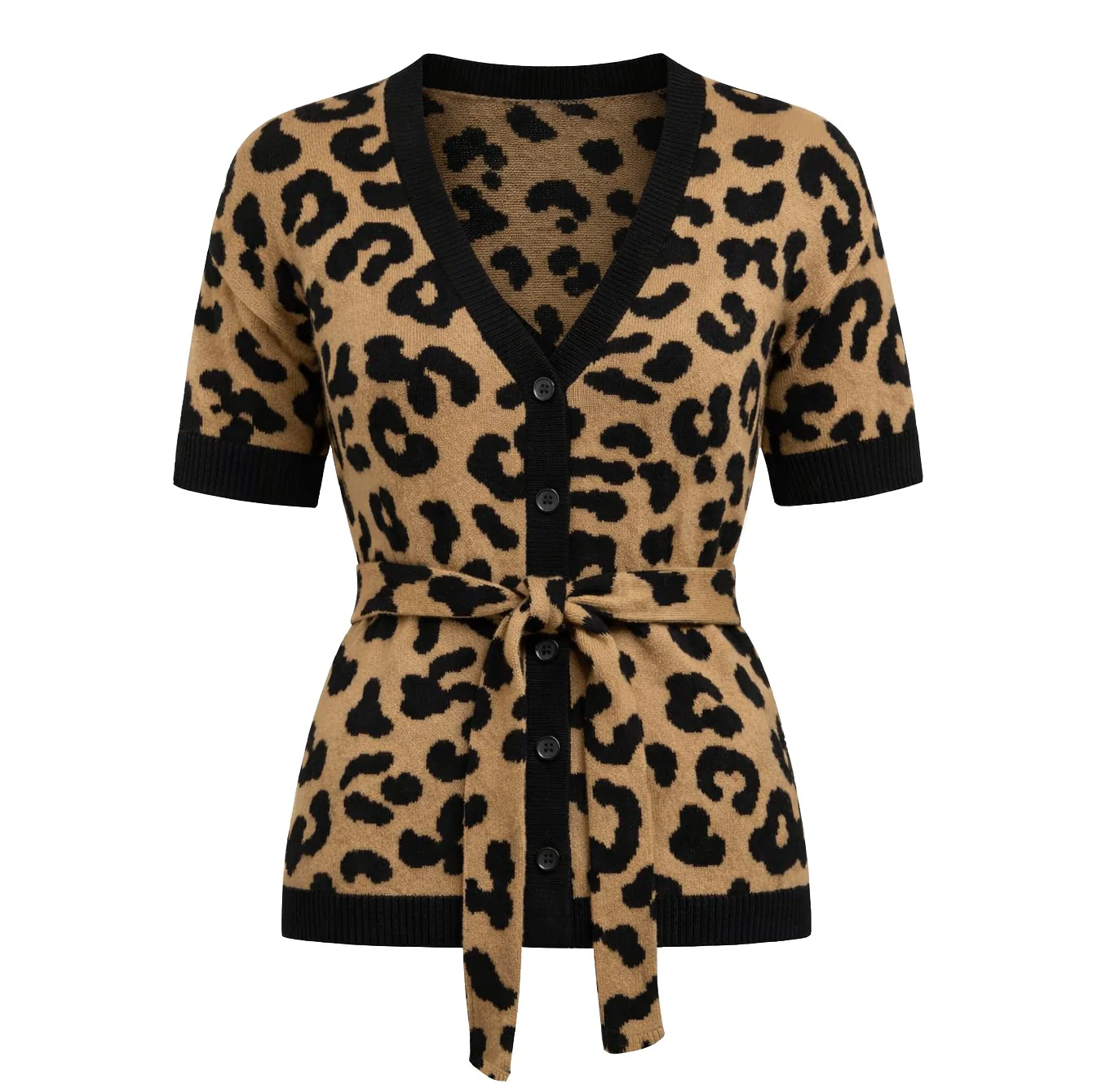 Women's Khaki Retro Leopard Tie-Front Cardigan Knit T-Shirt