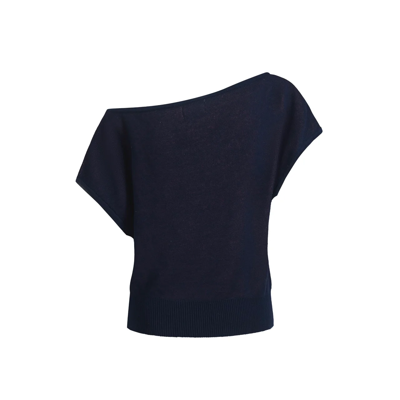 Women's navy knit T-shirt with diagonal shoulder - Cropped Length - Image 9