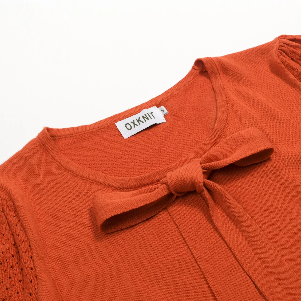 Women's Orange Simple Puff Sleeve Hollow Out Tie-up Knit T-Shirt - Image 4