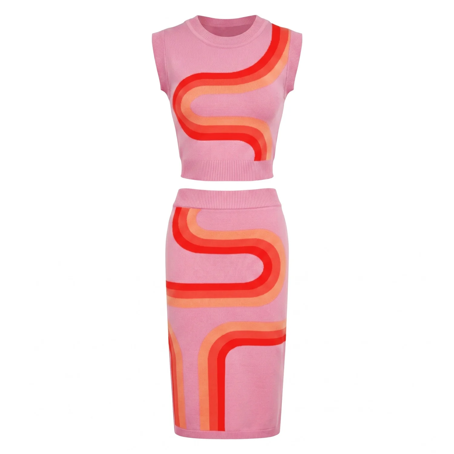 Women's Pink 60s Space Age Style Knit Tank Dress Set