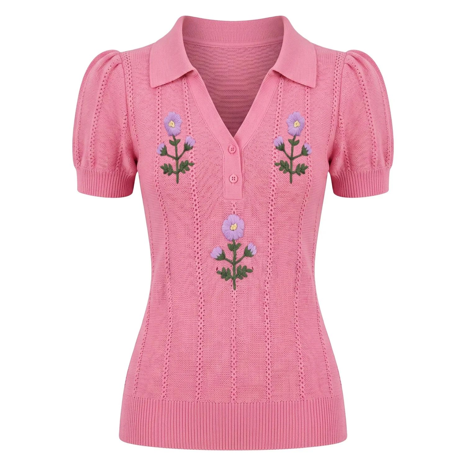 Women's Retro Pink Floral Embroidered Knit T-Shirt