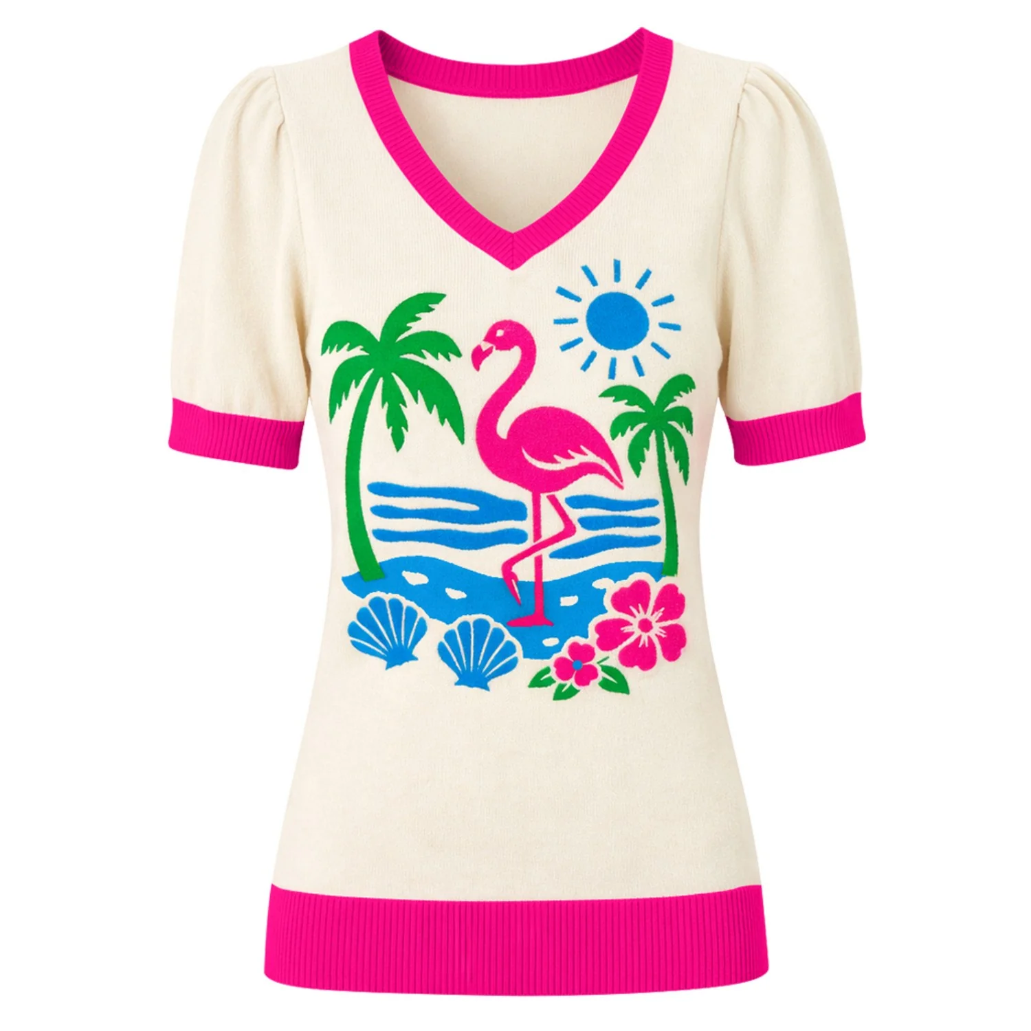 Women's White Retro Summer Vacation Style Jacquard Knit T-Shirt